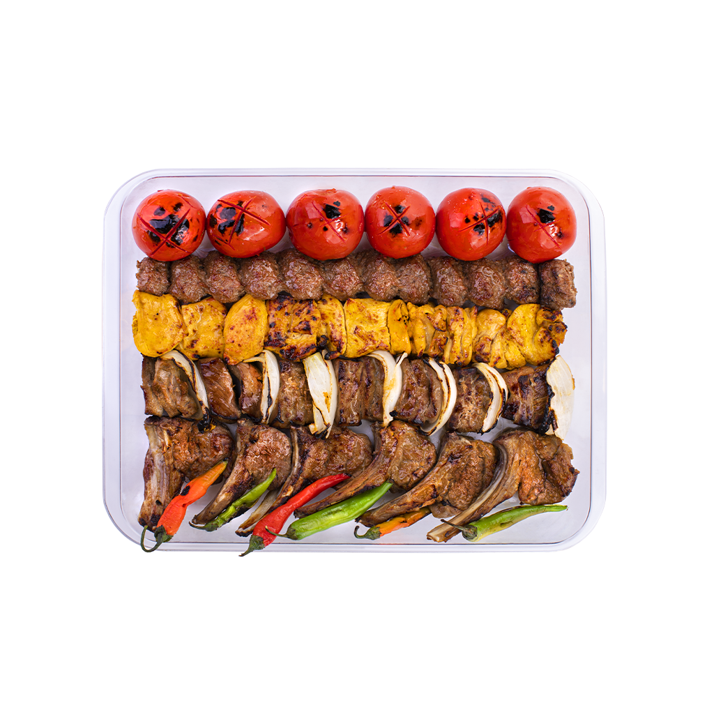 سینی مخصوص کباب ارکیده - Orkideh Special Platter Orkideh Special Shishlik Kebab - Special Chenjeh Kebab - Koobideh Kebab - Joojeh Kebab